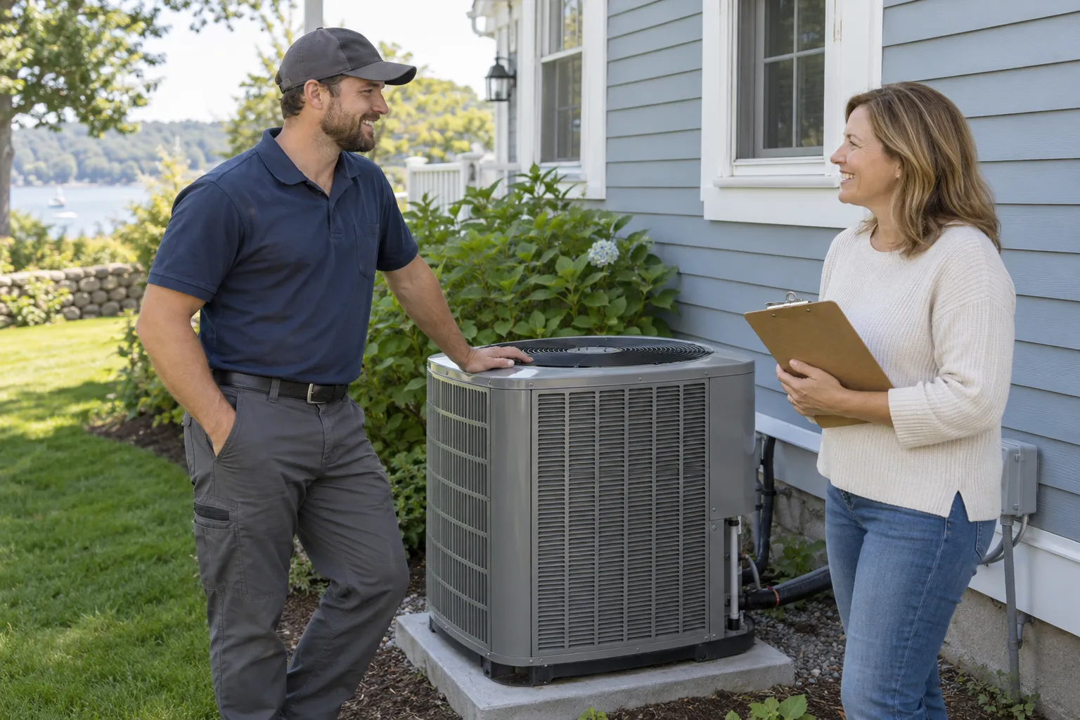A friendly HVAC provider and a homeowner reviewing a new outdoor air conditioner unit beside a home in the Barnstable Town area