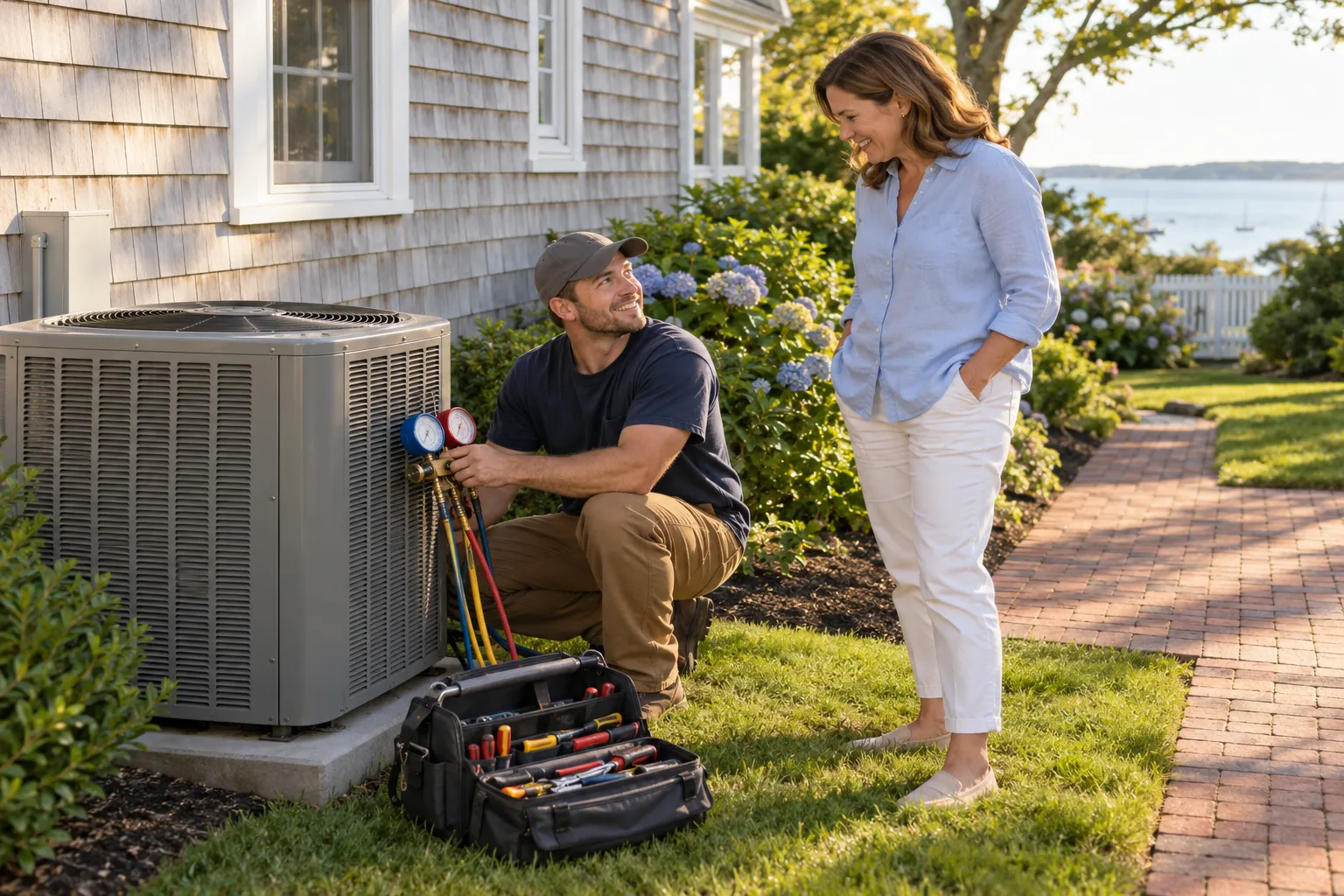 Independent local HVAC provider checking an outdoor air conditioner at a home in Barnstable Town