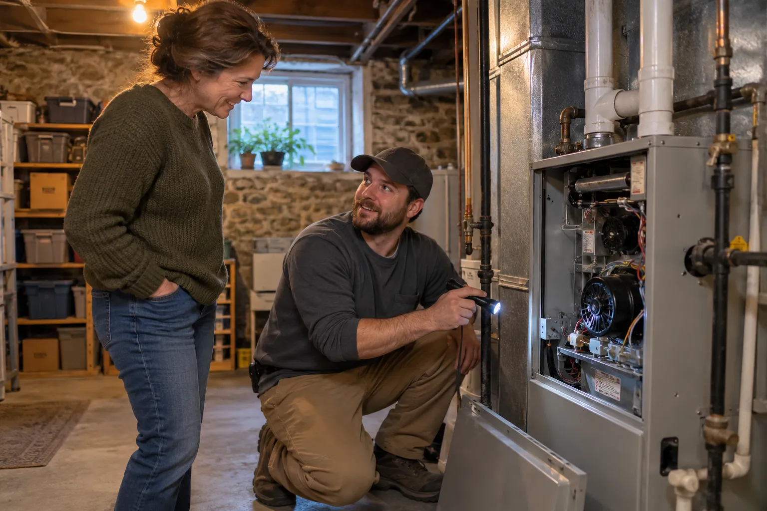 A friendly HVAC provider checking a gas furnace in a Barnstable Town home basement
