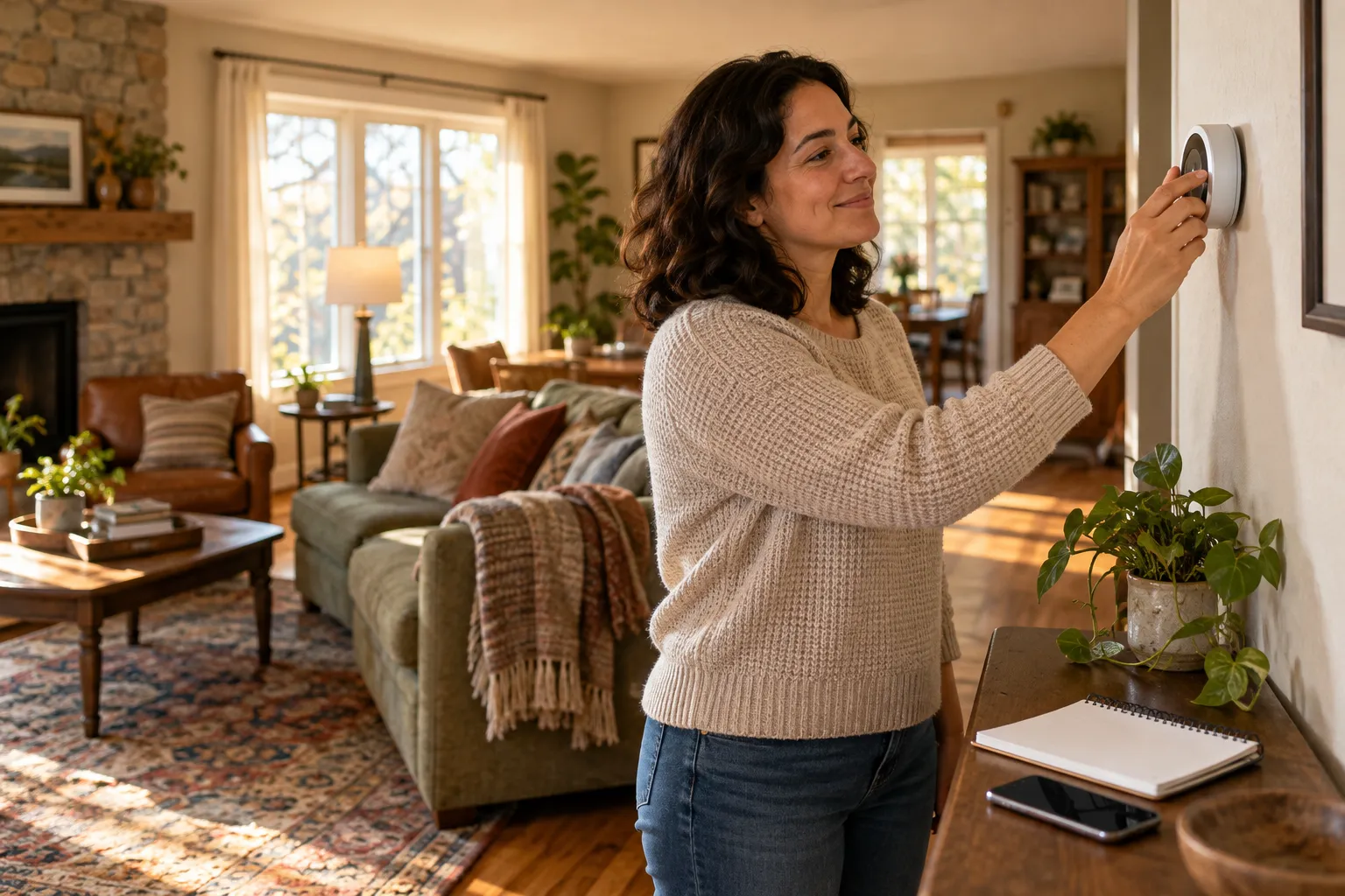 A homeowner checking a thermostat before contacting a provider in the Barnstable Town area