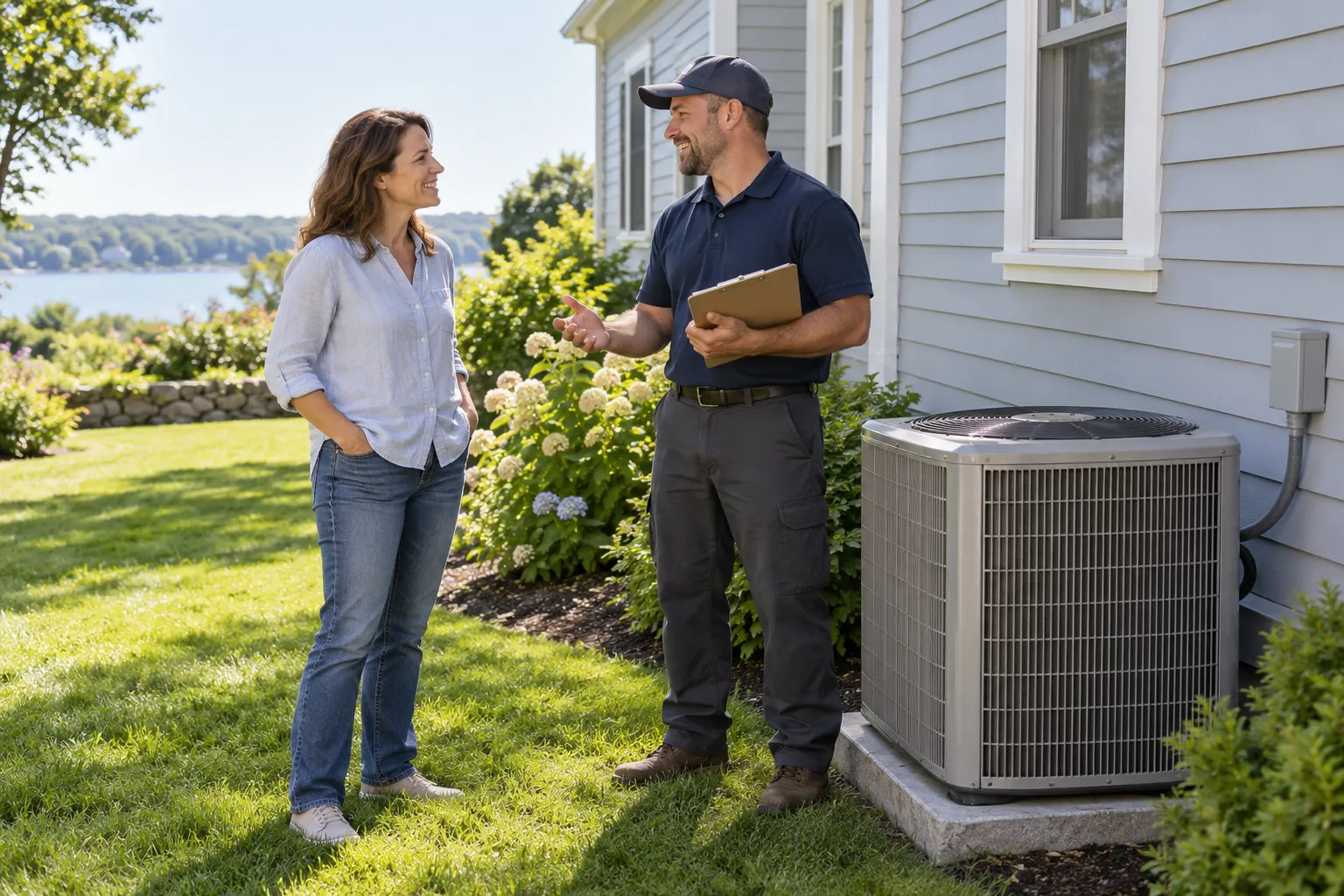 A homeowner talking with a local HVAC provider beside an outdoor AC unit in Barnstable Town